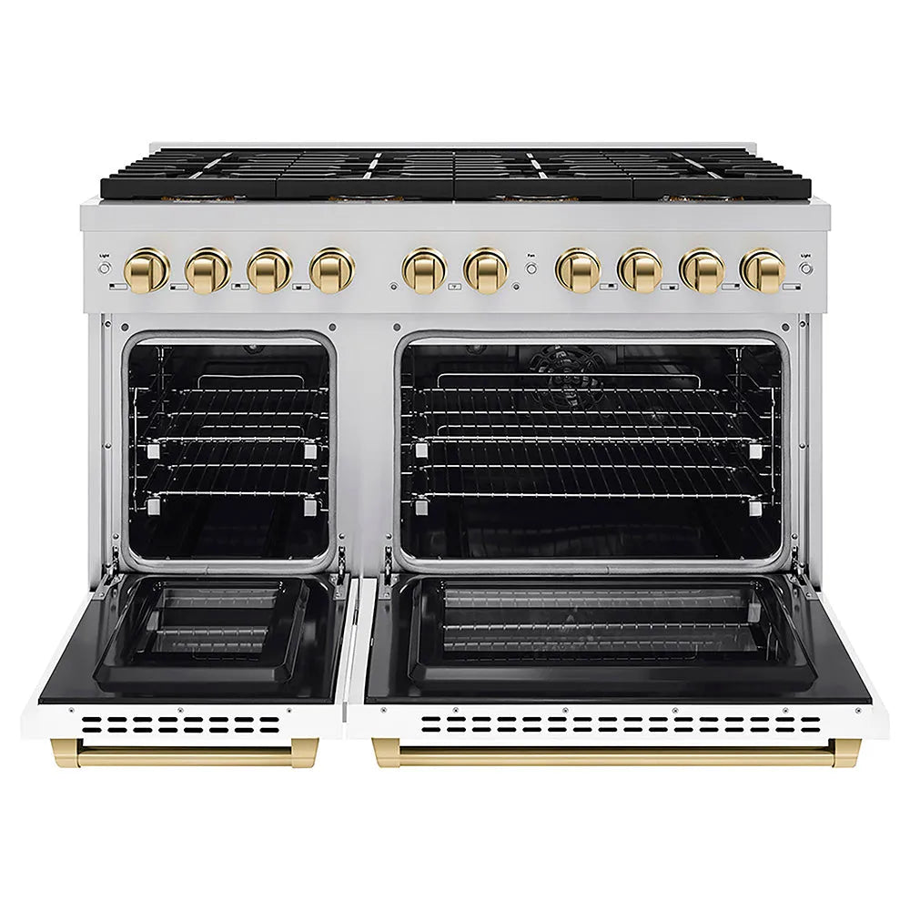 ZLINE Autograph Edition 48 in. 6.7 cu. ft. Paramount Dual Fuel Range with 8 Burner DuoPro™ Cooktop and Dual Ovens with White Matte Doors and Polished Gold Accents (PSDRZ-WM-48-G) front, oven open.