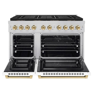 ZLINE Autograph Edition 48 in. 6.7 cu. ft. Paramount Dual Fuel Range with 8 Burner DuoPro™ Cooktop and Dual Ovens with White Matte Doors and Polished Gold Accents (PSDRZ-WM-48-G) front, oven open.