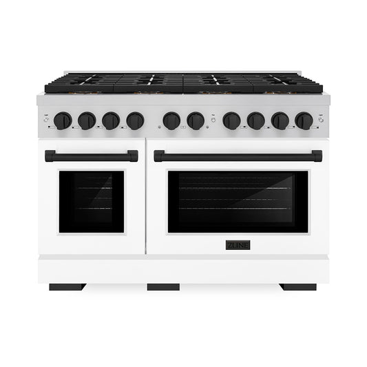 ZLINE Autograph Edition 48 in. 6.7 cu. ft. Paramount Dual Fuel Range with 8 Burner DuoPro™ Cooktop and Dual Ovens with White Matte Doors and Matte Black Accents (PSDRZ-WM-48-MB)
