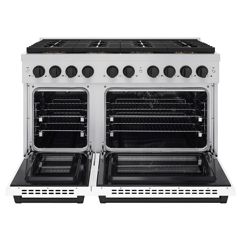 ZLINE Autograph Edition 48 in. 6.7 cu. ft. Paramount Dual Fuel Range with 8 Burner DuoPro™ Cooktop and Dual Ovens with White Matte Doors and Matte Black Accents (PSDRZ-WM-48-MB) front, oven open.