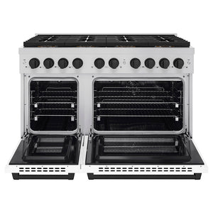 ZLINE Autograph Edition 48 in. 6.7 cu. ft. Paramount Dual Fuel Range with 8 Burner DuoPro™ Cooktop and Dual Ovens with White Matte Doors and Matte Black Accents (PSDRZ-WM-48-MB) front, oven open.
