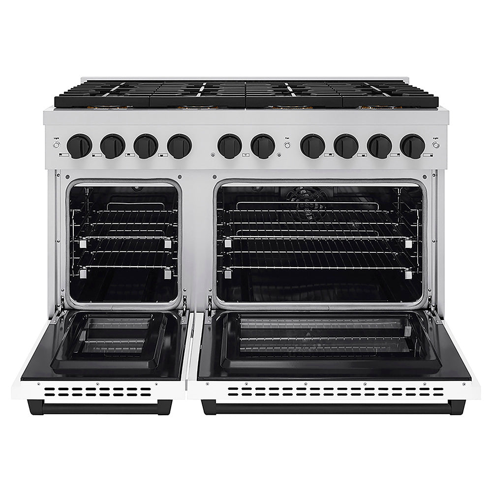 ZLINE Autograph Edition 48 in. 6.7 cu. ft. Paramount Dual Fuel Range with 8 Burner DuoPro™ Cooktop and Dual Ovens with White Matte Doors and Matte Black Accents (PSDRZ-WM-48-MB) front, oven open.