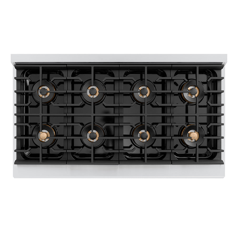 ZLINE Autograph Edition 48 in. 6.7 cu. ft. Paramount Dual Fuel Range with 8 Burner DuoPro™ Cooktop and Dual Ovens with White Matte Doors and Matte Black Accents (PSDRZ-WM-48-MB) top-down, above cooktop.