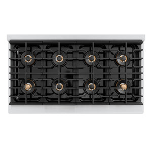 ZLINE Autograph Edition 48 in. 6.7 cu. ft. Paramount Dual Fuel Range with 8 Burner DuoPro™ Cooktop and Dual Ovens with White Matte Doors and Matte Black Accents (PSDRZ-WM-48-MB) top-down, above cooktop.