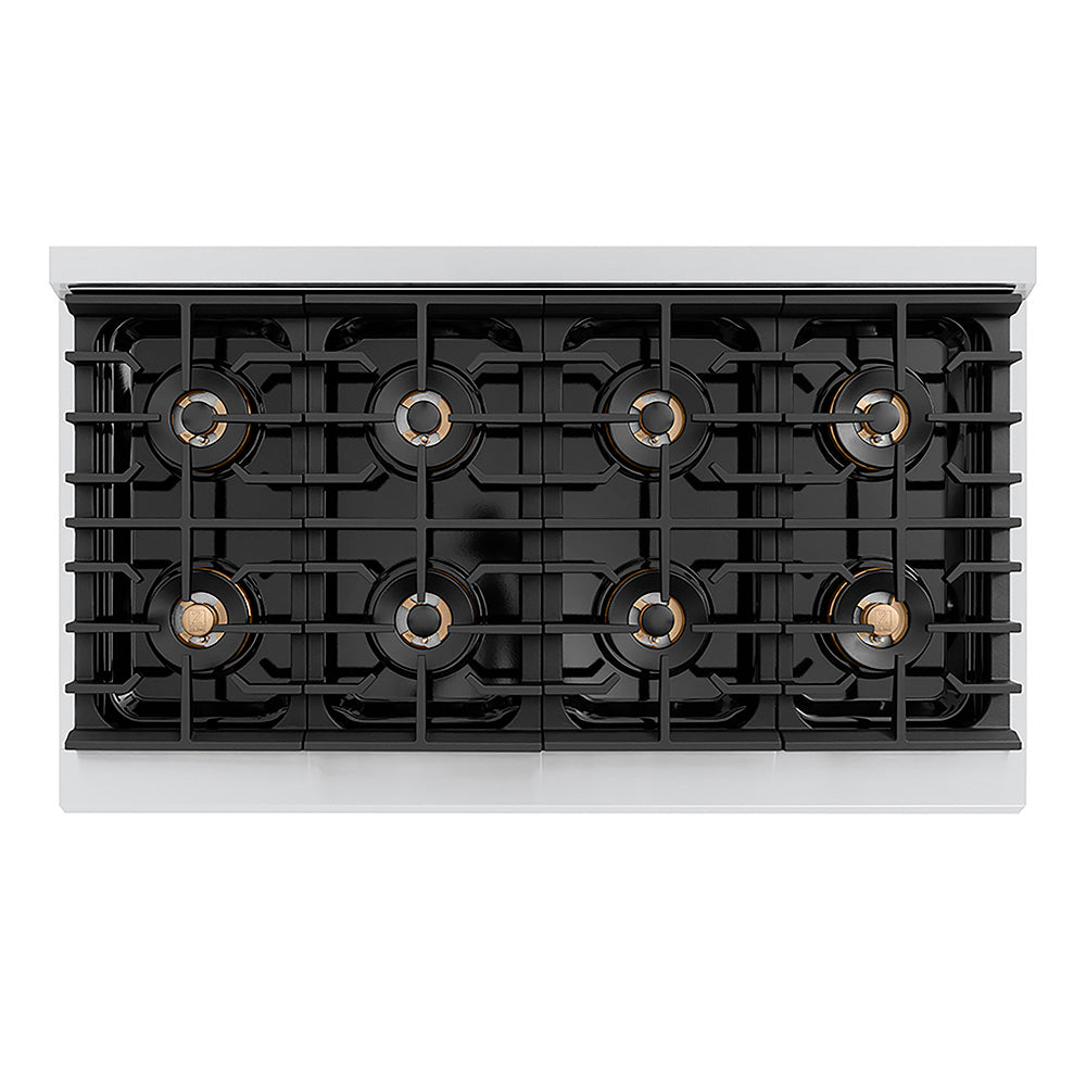 ZLINE Autograph Edition 48 in. 6.7 cu. ft. Paramount Dual Fuel Range with 8 Burner DuoPro™ Cooktop and Dual Ovens with White Matte Doors and Matte Black Accents (PSDRZ-WM-48-MB) top-down, above cooktop.