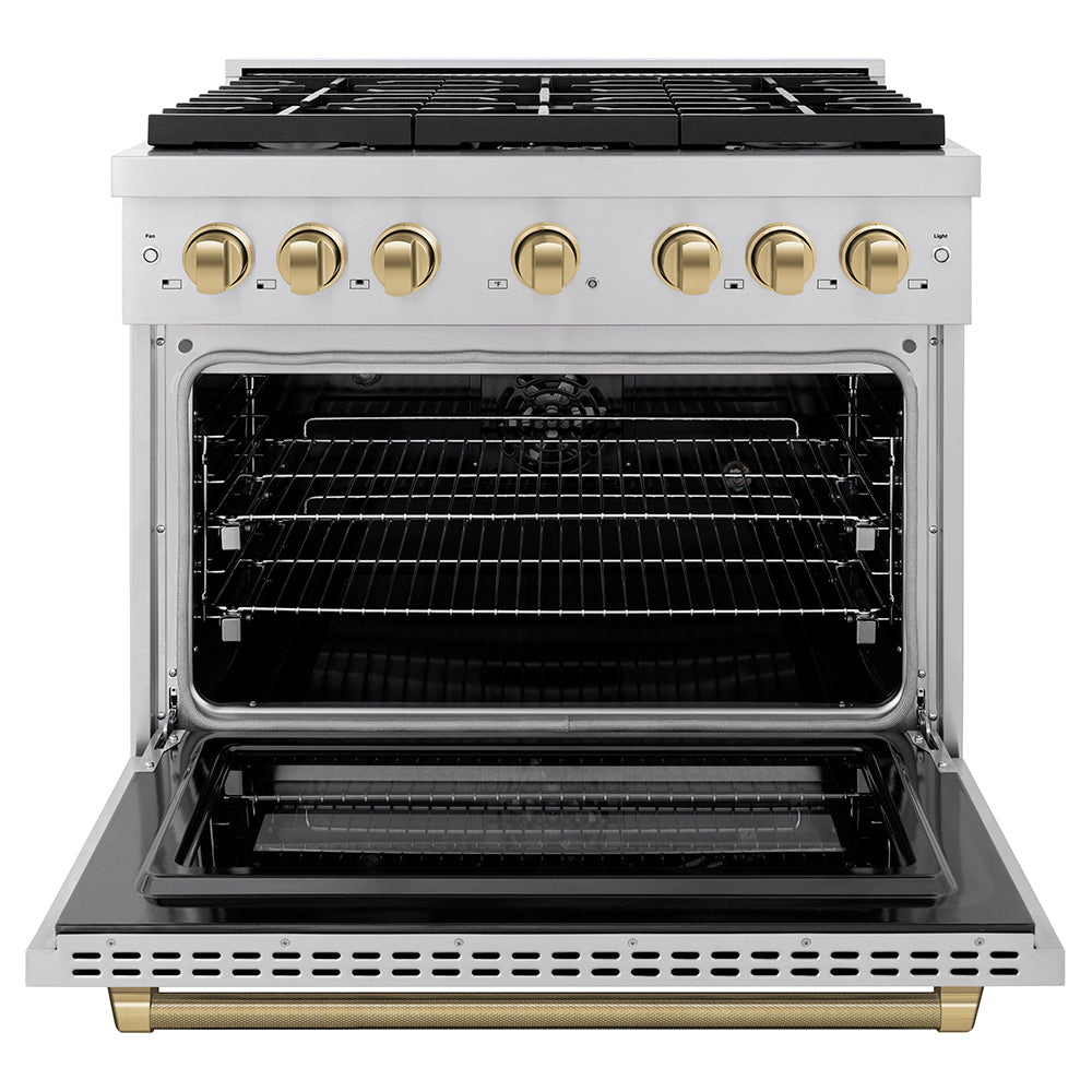 ZLINE Autograph Edition 36 in. 5.2 cu. ft. Paramount Dual Fuel Range with 6 Burner Gas Cooktop and Electric Convection Oven in Stainless Steel with Champagne Bronze Helix Handle and Knob Accents (SDRZ-36-KCB) front, open.