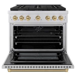 ZLINE Autograph Edition 36 in. 5.2 cu. ft. Paramount Dual Fuel Range with 6 Burner Gas Cooktop and Electric Convection Oven in Stainless Steel with Champagne Bronze Helix Handle and Knob Accents (SDRZ-36-KCB) front, open.