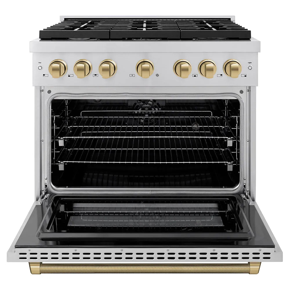 ZLINE Autograph Edition 36 in. 5.2 cu. ft. Paramount Dual Fuel Range with 6 Burner Gas Cooktop and Electric Convection Oven in Stainless Steel with Champagne Bronze Helix Handle and Knob Accents (SDRZ-36-KCB) front, open.