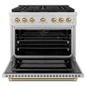 ZLINE Autograph Edition 36 in. 5.2 cu. ft. Paramount Dual Fuel Range with 6 Burner Gas Cooktop and Electric Convection Oven in Stainless Steel with Champagne Bronze Helix Handle and Knob Accents (SDRZ-36-KCB) front, open.