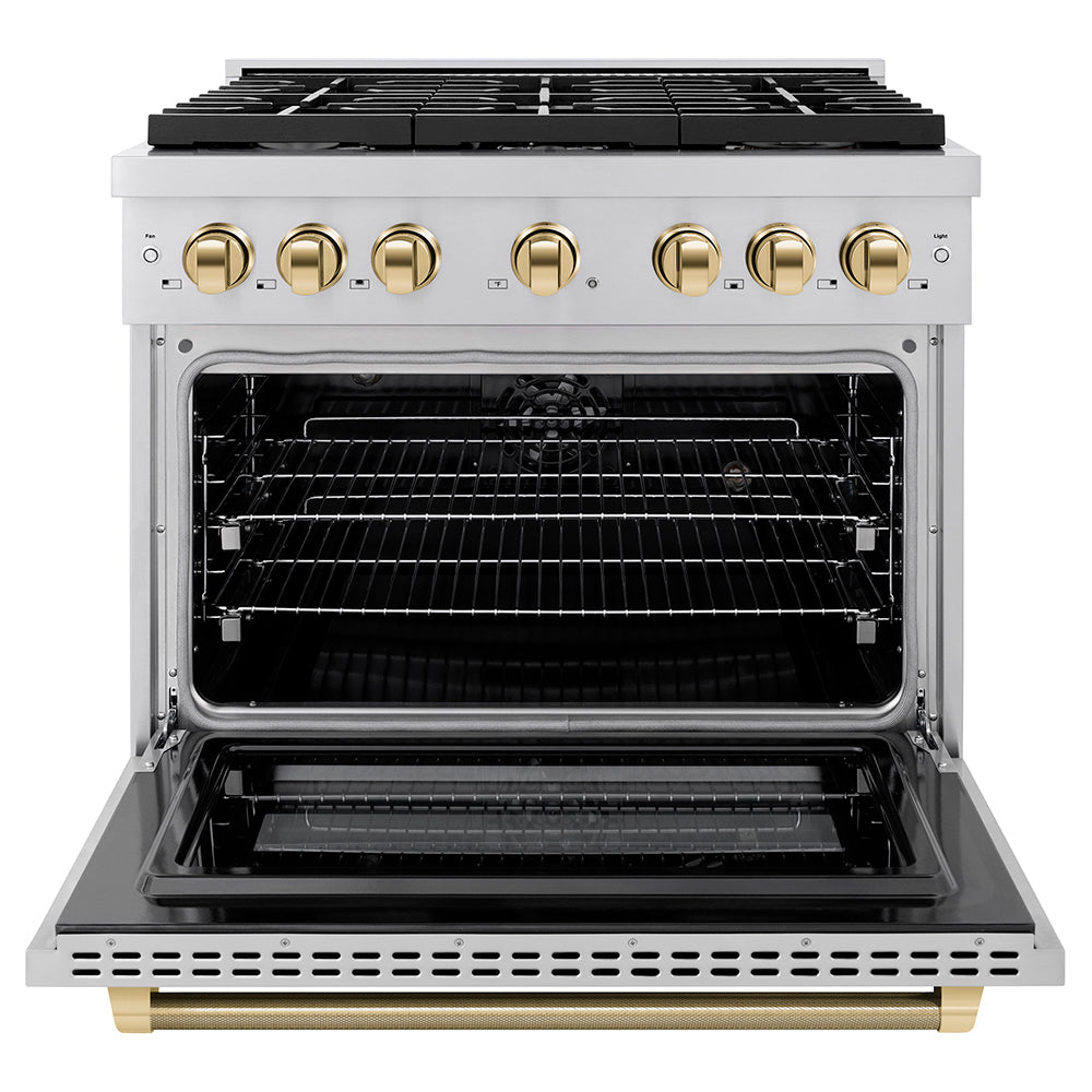 ZLINE Autograph Edition 36 in. 5.2 cu. ft. Paramount Dual Fuel Range with 6 Burner Gas Cooktop and Electric Convection Oven in Stainless Steel with Polished Gold Helix Handle and Knob Accents (SDRZ-36-KG) front, open.