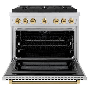 ZLINE Autograph Edition 36 in. 5.2 cu. ft. Paramount Dual Fuel Range with 6 Burner Gas Cooktop and Electric Convection Oven in Stainless Steel with Polished Gold Helix Handle and Knob Accents (SDRZ-36-KG) front, open.