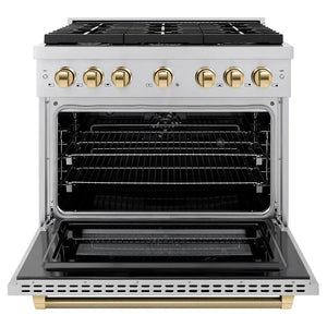 ZLINE Autograph Edition 36 in. 5.2 cu. ft. Paramount Dual Fuel Range with 6 Burner Gas Cooktop and Electric Convection Oven in Stainless Steel with Polished Gold Helix Handle and Knob Accents (SDRZ-36-KG) front, open.