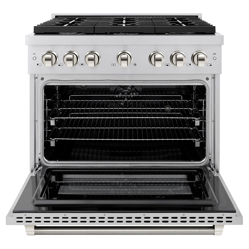 ZLINE Autograph Edition 36 in. 5.2 cu. ft. Paramount Dual Fuel Range with 6 Burner Gas Cooktop and Electric Convection Oven in Stainless Steel with Polished Nickel Helix Handle and Knob Accents (SDRZ-36-KPN) front, open.
