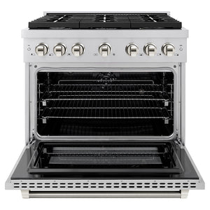 ZLINE Autograph Edition 36 in. 5.2 cu. ft. Paramount Dual Fuel Range with 6 Burner Gas Cooktop and Electric Convection Oven in Stainless Steel with Polished Nickel Helix Handle and Knob Accents (SDRZ-36-KPN) front, open.