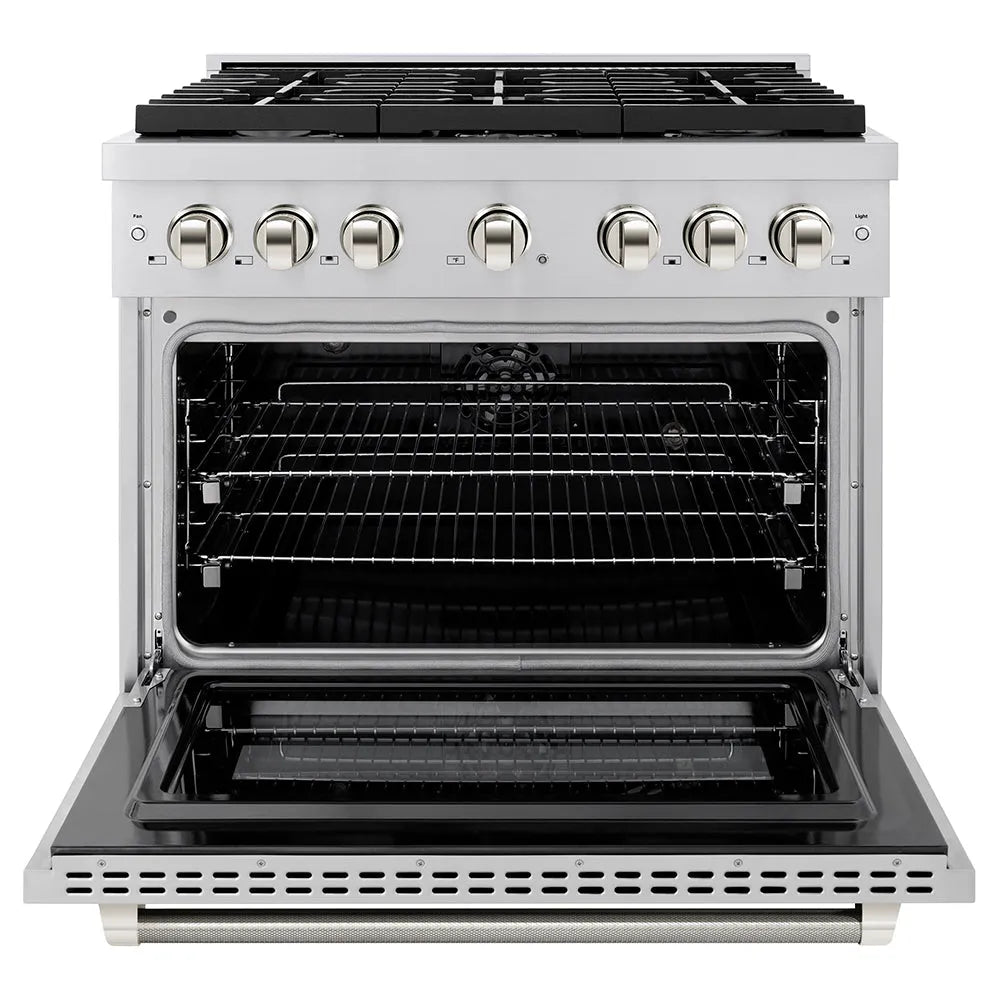 ZLINE Autograph Edition 36 in. 5.2 cu. ft. Paramount Dual Fuel Range with 6 Burner Gas Cooktop and Electric Convection Oven in Stainless Steel with Polished Nickel Helix Handle and Knob Accents (SDRZ-36-KPN) front, open.