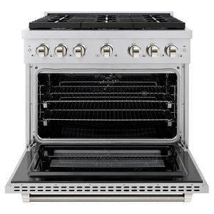 ZLINE Autograph Edition 36 in. 5.2 cu. ft. Paramount Dual Fuel Range with 6 Burner Gas Cooktop and Electric Convection Oven in Stainless Steel with Polished Nickel Helix Handle and Knob Accents (SDRZ-36-KPN) front, open.