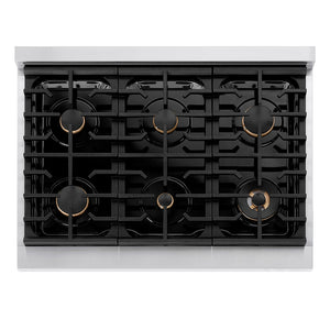ZLINE Autograph Edition 36 in. 5.2 cu. ft. Paramount Dual Fuel Range with 6 Burner Gas Cooktop and Electric Convection Oven in Stainless Steel with Polished Nickel Helix Handle and Knob Accents (SDRZ-36-KPN) top-down, above cooktop.