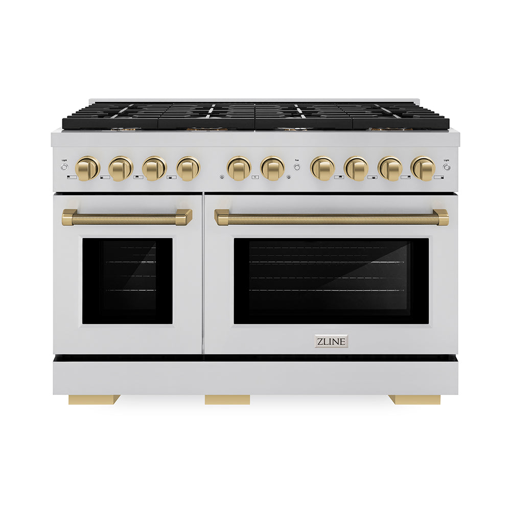 ZLINE Autograph Edition 48 in. 6.7 cu. ft. Paramount Double Oven Dual Fuel Range with 8 Burner Gas Cooktop in Stainless Steel and Champagne Bronze Helix Handles and Knob Accents (SDRZ-48-KCB)