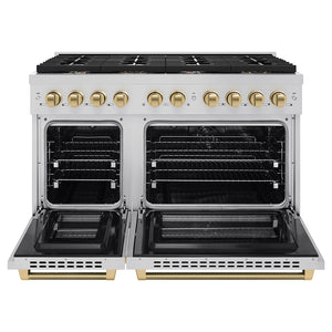 ZLINE Autograph Edition 48 in. 6.7 cu. ft. Paramount Double Oven Dual Fuel Range with 8 Burner Gas Cooktop in Stainless Steel and Champagne Bronze Helix Handles and Knob Accents (SDRZ-48-KCB) front, open.