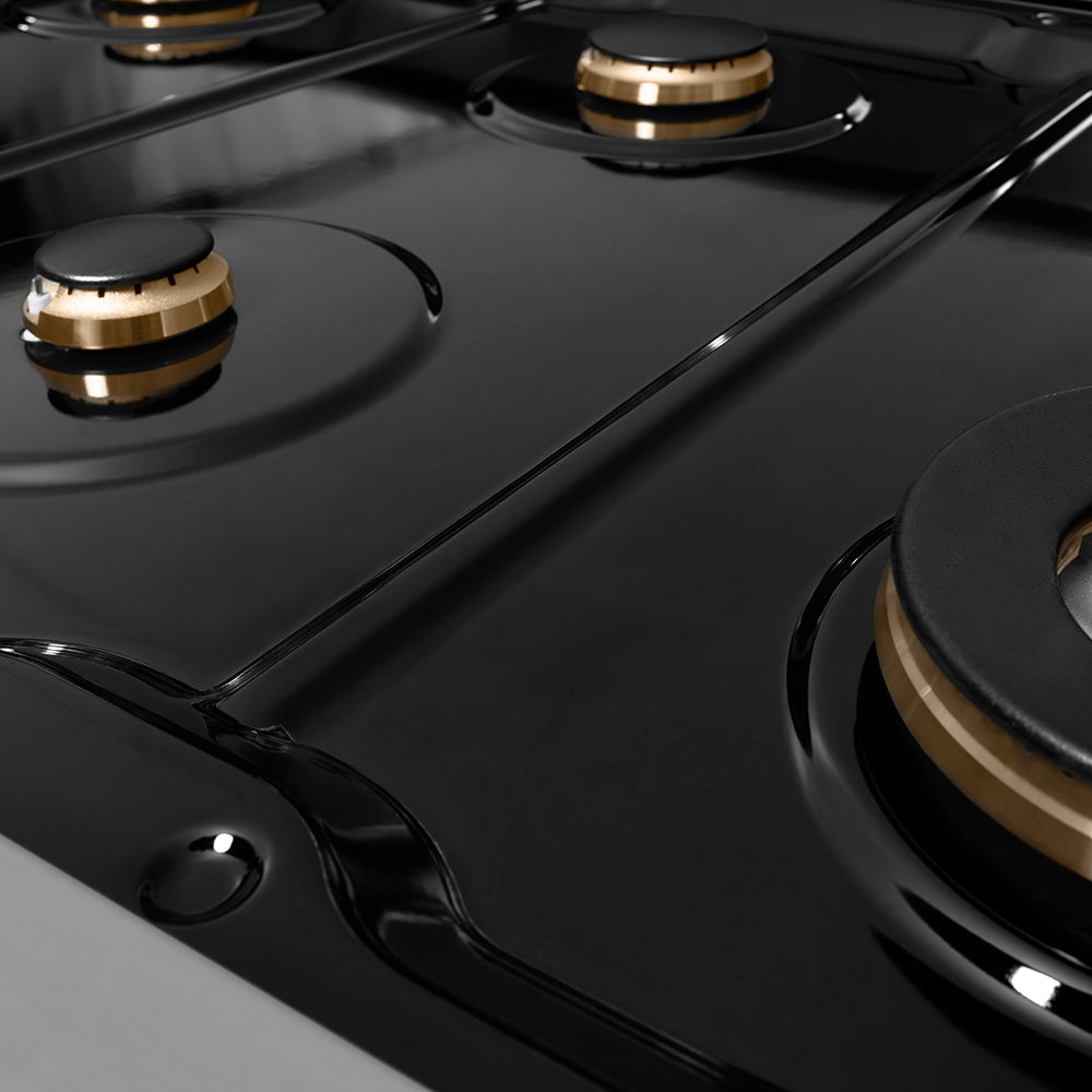 ZLINE Autograph Edition 48 in. 6.7 cu. ft. Paramount Double Oven Dual Fuel Range with 8 Burner Gas Cooktop in Stainless Steel and Champagne Bronze Helix Handles and Knob Accents (SDRZ-48-KCB) black porcelain cooktop and burners with no grates.