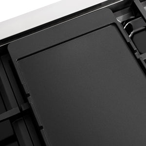 ZLINE Autograph Edition 48 in. 6.7 cu. ft. Paramount Double Oven Dual Fuel Range with 8 Burner Gas Cooktop in Stainless Steel and Champagne Bronze Helix Handles and Knob Accents (SDRZ-48-KCB) reversible griddle flat side.