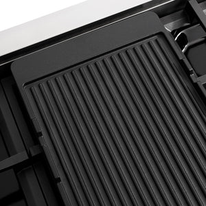 ZLINE Autograph Edition 48 in. 6.7 cu. ft. Paramount Double Oven Dual Fuel Range with 8 Burner Gas Cooktop in Stainless Steel and Champagne Bronze Helix Handles and Knob Accents (SDRZ-48-KCB) reversible griddle ribbed side.