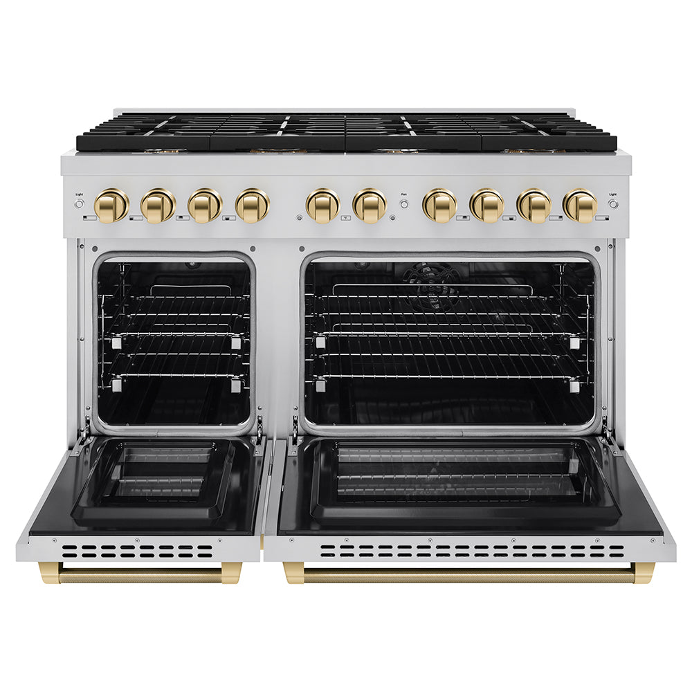 ZLINE Autograph Edition 48 in. 6.7 cu. ft. Paramount Double Oven Dual Fuel Range with 8 Burner Gas Cooktop in Stainless Steel and Polished Gold Helix Handles and Knob Accents (SDRZ-48-KG) front, open.