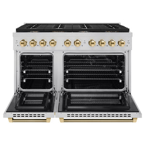 ZLINE Autograph Edition 48 in. 6.7 cu. ft. Paramount Double Oven Dual Fuel Range with 8 Burner Gas Cooktop in Stainless Steel and Polished Gold Helix Handles and Knob Accents (SDRZ-48-KG) front, open.