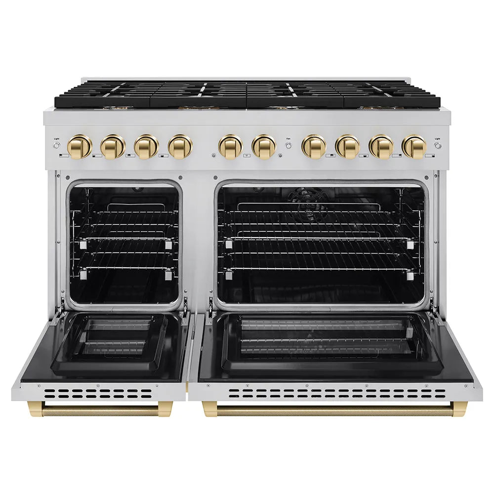 ZLINE Autograph Edition 48 in. 6.7 cu. ft. Paramount Double Oven Dual Fuel Range with 8 Burner Gas Cooktop in Stainless Steel and Polished Gold Helix Handles and Knob Accents (SDRZ-48-KG) front, open.