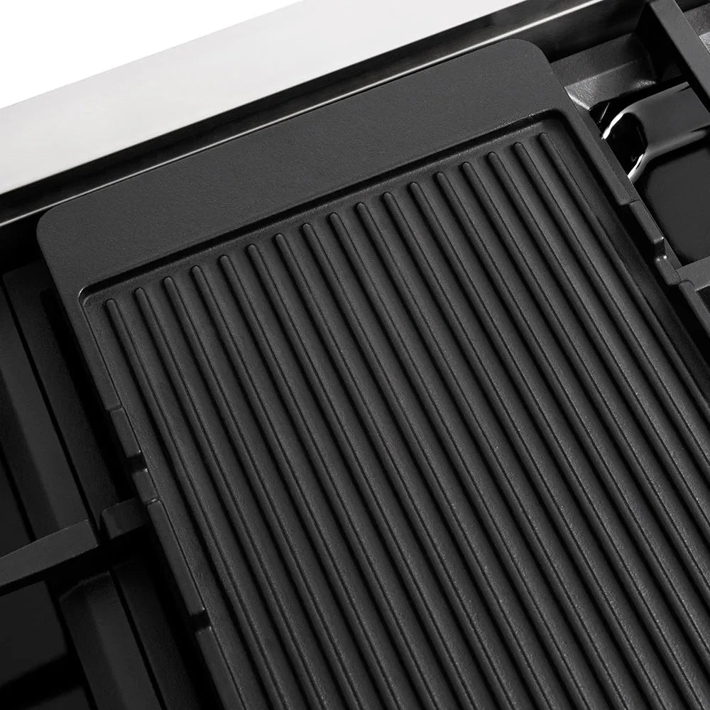 ZLINE Autograph Edition 48 in. 6.7 cu. ft. Paramount Double Oven Dual Fuel Range with 8 Burner Gas Cooktop in Stainless Steel and Polished Gold Helix Handles and Knob Accents (SDRZ-48-KG) reversible griddle ribbed side.
