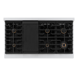 ZLINE Autograph Edition 48 in. 6.7 cu. ft. Paramount Double Oven Dual Fuel Range with 8 Burner Gas Cooktop in Stainless Steel and Polished Gold Helix Handles and Knob Accents (SDRZ-48-KG) top-down, above cooktop.