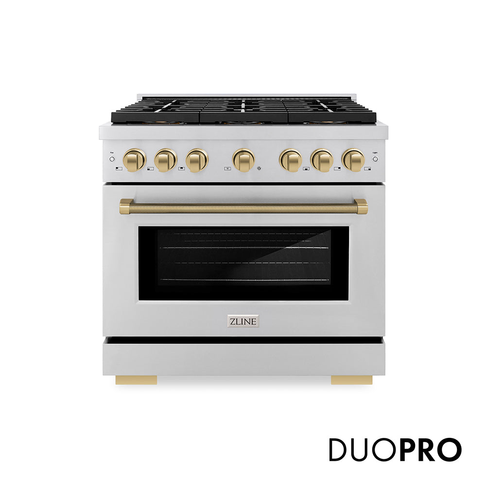 ZLINE Autograph Edition 36 in. 5.2 cu. ft. Paramount Dual Fuel Range with 6 Burner DuoPro™ Cooktop and Electric Convection Oven in Stainless Steel with Champagne Bronze Helix Handle and Accents (PSDRZ-36-KCB)