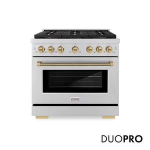 ZLINE Autograph Edition 36 in. 5.2 cu. ft. Paramount Dual Fuel Range with 6 Burner DuoPro™ Cooktop and Electric Convection Oven in Stainless Steel with Champagne Bronze Helix Handle and Accents (PSDRZ-36-KCB)