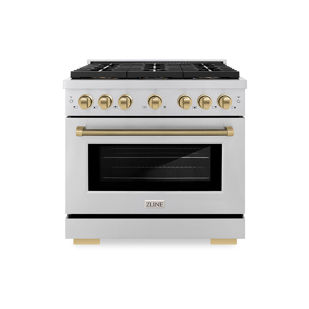ZLINE Autograph Edition 36 in. 5.2 cu. ft. Paramount Dual Fuel Range with 6 Burner DuoPro™ Cooktop and Electric Convection Oven in Stainless Steel with Champagne Bronze Helix Handle and Accents (PSDRZ-36-KCB)