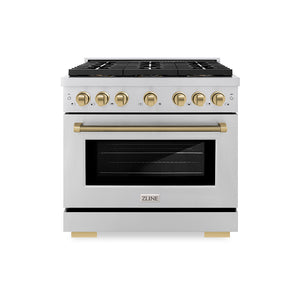 ZLINE Autograph Edition 36 in. 5.2 cu. ft. Paramount Dual Fuel Range with 6 Burner DuoPro™ Cooktop and Electric Convection Oven in Stainless Steel with Champagne Bronze Helix Handle and Accents (PSDRZ-36-KCB)