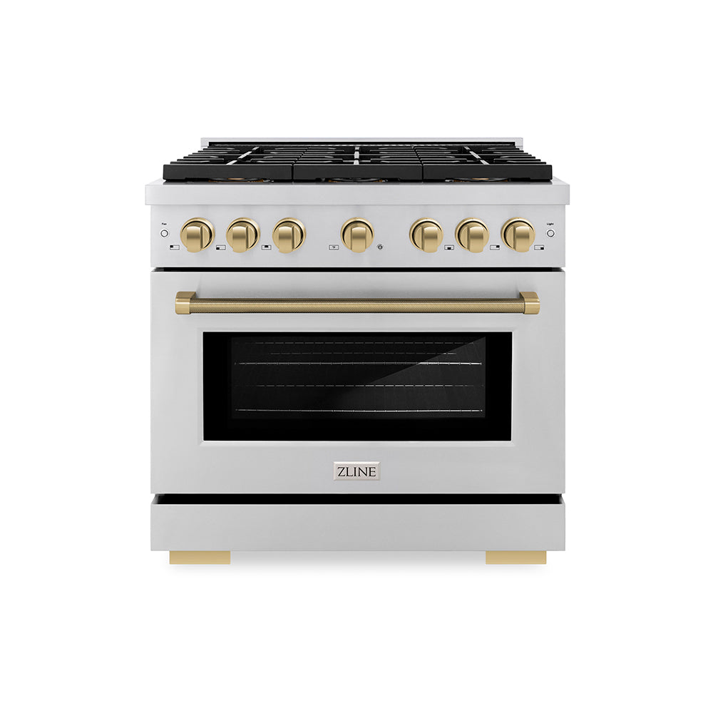 ZLINE Autograph Edition 36 in. 5.2 cu. ft. Paramount Dual Fuel Range with 6 Burner DuoPro™ Cooktop and Electric Convection Oven in Stainless Steel with Champagne Bronze Helix Handle and Accents (PSDRZ-36-KCB)