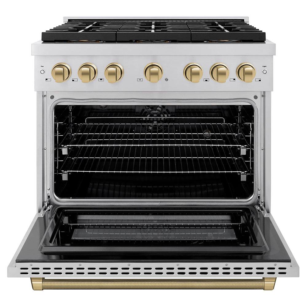 ZLINE Autograph Edition 36 in. 5.2 cu. ft. Paramount Dual Fuel Range with 6 Burner DuoPro™ Cooktop and Electric Convection Oven in Stainless Steel with Champagne Bronze Helix Handle and Accents (PSDRZ-36-KCB) front, open.
