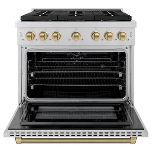 ZLINE Autograph Edition 36 in. 5.2 cu. ft. Paramount Dual Fuel Range with 6 Burner DuoPro™ Cooktop and Electric Convection Oven in Stainless Steel with Champagne Bronze Helix Handle and Accents (PSDRZ-36-KCB) front, open.