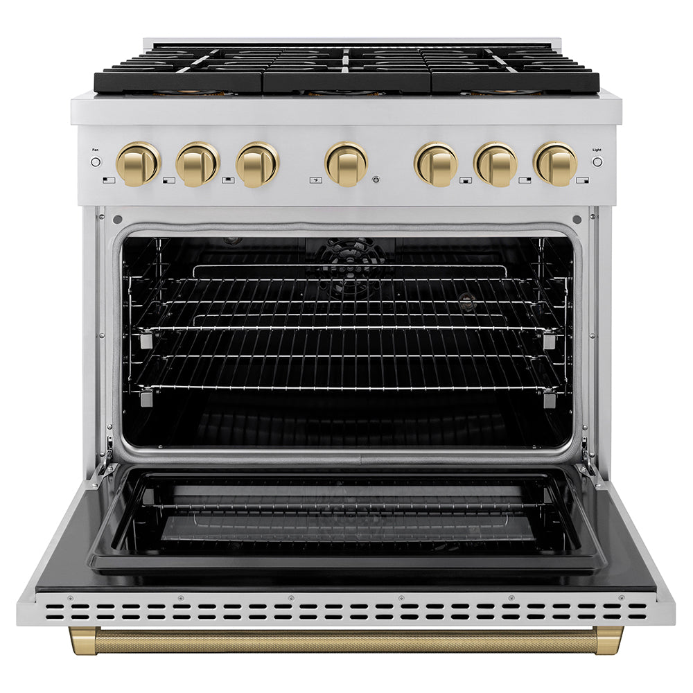 ZLINE Autograph Edition 36 in. 5.2 cu. ft. Paramount Dual Fuel Range with 6 Burner DuoPro™ Cooktop and Electric Convection Oven in Stainless Steel with Champagne Bronze Helix Handle and Accents (PSDRZ-36-KCB)