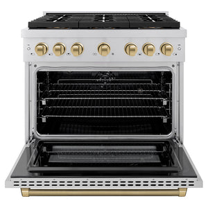 ZLINE Autograph Edition 36 in. 5.2 cu. ft. Paramount Dual Fuel Range with 6 Burner DuoPro™ Cooktop and Electric Convection Oven in Stainless Steel with Champagne Bronze Helix Handle and Accents (PSDRZ-36-KCB)