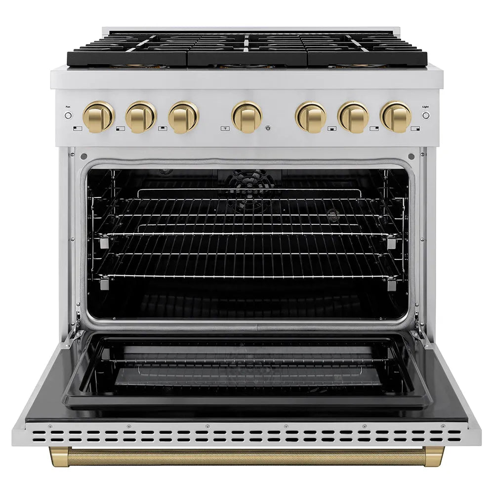ZLINE Autograph Edition 36 in. 5.2 cu. ft. Paramount Dual Fuel Range with 6 Burner DuoPro™ Cooktop and Electric Convection Oven in Stainless Steel with Champagne Bronze Helix Handle and Accents (PSDRZ-36-KCB) front, oven open.