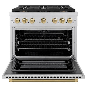 ZLINE Autograph Edition 36 in. 5.2 cu. ft. Paramount Dual Fuel Range with 6 Burner DuoPro™ Cooktop and Electric Convection Oven in Stainless Steel with Champagne Bronze Helix Handle and Accents (PSDRZ-36-KCB) front, oven open.