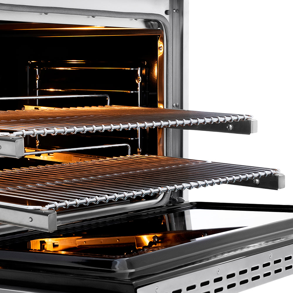 ZLINE Autograph Edition 36 in. 5.2 cu. ft. Paramount Dual Fuel Range with 6 Burner DuoPro™ Cooktop and Electric Convection Oven in Stainless Steel with Champagne Bronze Helix Handle and Accents (PSDRZ-36-KCB) oven with racks and lights inside, showing interior details.