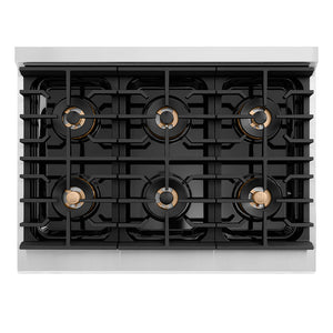 ZLINE Autograph Edition 36 in. 5.2 cu. ft. Paramount Dual Fuel Range with 6 Burner DuoPro™ Cooktop and Electric Convection Oven in Stainless Steel with Champagne Bronze Helix Handle and Accents (PSDRZ-36-KCB)