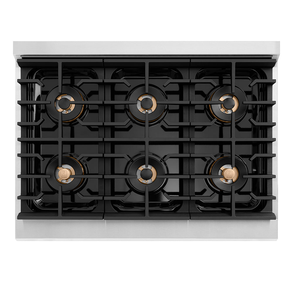ZLINE Autograph Edition 36 in. 5.2 cu. ft. Paramount Dual Fuel Range with 6 Burner DuoPro™ Cooktop and Electric Convection Oven in Stainless Steel with Champagne Bronze Helix Handle and Accents (PSDRZ-36-KCB) top-down, above cooktop.