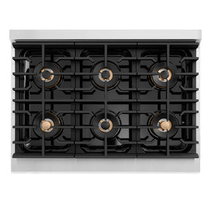 ZLINE Autograph Edition 36 in. 5.2 cu. ft. Paramount Dual Fuel Range with 6 Burner DuoPro™ Cooktop and Electric Convection Oven in Stainless Steel with Champagne Bronze Helix Handle and Accents (PSDRZ-36-KCB) top-down, above cooktop.