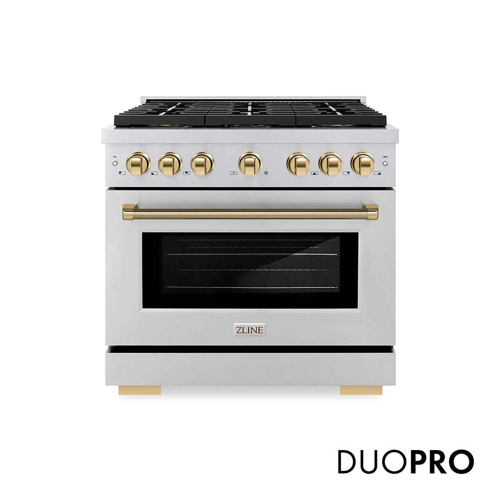 ZLINE Autograph Edition 36 in. 5.2 cu. ft. Paramount Dual Fuel Range with 6 Burner DuoPro™ Cooktop and Electric Convection Oven in Stainless Steel with Polished Gold Helix Handle and Accents (PSDRZ-36-KG)