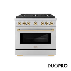 ZLINE Autograph Edition 36 in. 5.2 cu. ft. Paramount Dual Fuel Range with 6 Burner DuoPro™ Cooktop and Electric Convection Oven in Stainless Steel with Polished Gold Helix Handle and Accents (PSDRZ-36-KG)