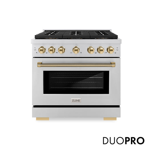 ZLINE Autograph Edition 36 in. 5.2 cu. ft. Paramount Dual Fuel Range with 6 Burner DuoPro™ Cooktop and Electric Convection Oven in Stainless Steel with Polished Gold Helix Handle and Accents (PSDRZ-36-KG)