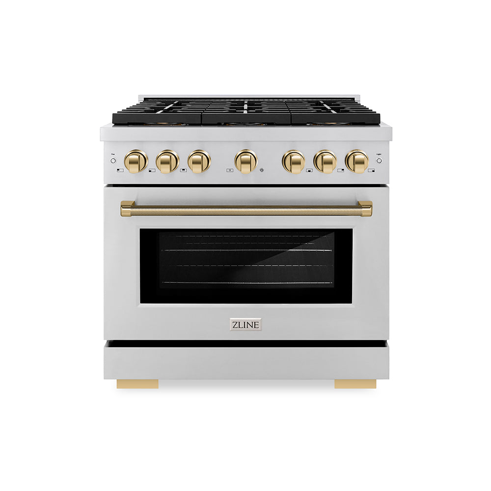 ZLINE Autograph Edition 36 in. 5.2 cu. ft. Paramount Dual Fuel Range with 6 Burner DuoPro™ Cooktop and Electric Convection Oven in Stainless Steel with Polished Gold Helix Handle and Accents (PSDRZ-36-KG)